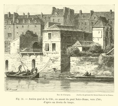 Tidligere quai de la Cite, opstrøms fra Notre-Dame-broen, omkring 1780; fra en tegning af tiden af French School