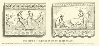 Gamle romerske basrelieffer, der viser en druehøst og en scene på markerne (gravering) af French School