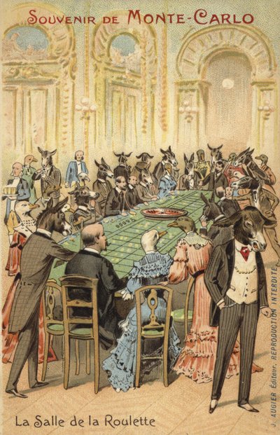 Antropomorf illustration af dårskaberne i kasinoet i Monte Carlo (farvelitografi) af French School