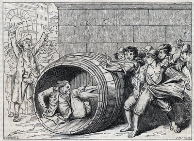 Antisemitforfølgelse i det 17. århundrede: en jøde ruller i en tønde af indbyggere i Rom. Illustration af "" Meo Patacca"", digt af Giuseppe Berneri (1637-1700). Gravering af Bocourt. af French School