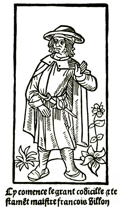 Apokryfisk portræt af digteren Francois Villon i "Det Store Testamente" - "Cy comence le grant codicille & testamet maistre Francois Villon"" (her begynder den store codicille et testament) udgave P Levet 1489 (træsnit) af French School