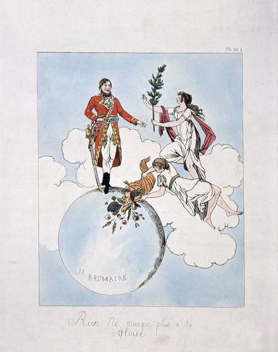 Apotheose af Napoleon-Bonaparte under statskuppet den 18. brumaire år VIII (9.11.1799). (nymfer, der præsenterer ham laurbær og overflodshorn) af French School