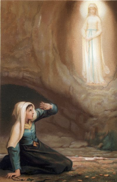Jomfru Marias tilsynekomst til Bernadette Soubirous (1844-1879) i hulen Lourdes, Hautes Pyrenees (65) af French School