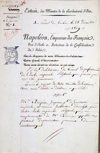 Udnævnelse af Napoleon af André Marie Ampère til inspektør for Polytechnique - Obligatorisk omtale: Biblens arkiv. fra Ecole Polytechnique af French School