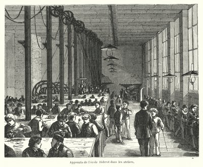 Lærlinge i værkstederne på Ecole Diderot i Paris, Frankrig (gravering) af French School