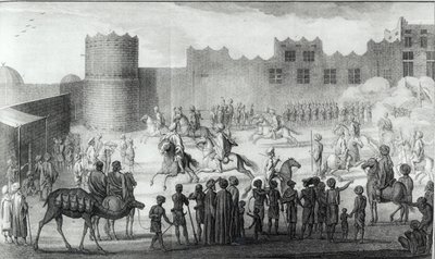 Arabiske krigere, der træner i Yemen, fra Beskrivelse af Arabien sørgede for egne observationer og meninger samlet samme steder af Carsten Niebuhr, udgivet 1774 af French School