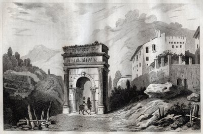Augustusbue (Susa) - Augustusbue (Susa) - Arco di Augusto (Susa) - Indgravering fra "" Italy Picturesque" - Historisk og beskrivende maleri af Italien"" af M. de Norvins, Ch. Nodier 1834-1836. af French School