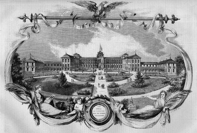 Arkitektur: facaden på hospitalet kendt som "Imperial Asylum of Vincennes" for rekonvalescentarbejdere indviet i 1857. I dag kaldes det "National Hospital of Saint Maurice", Saint Maurice (94). Indgravering i "" Le Monde Illustré"" nr. 20 af 29. august 1 af French School