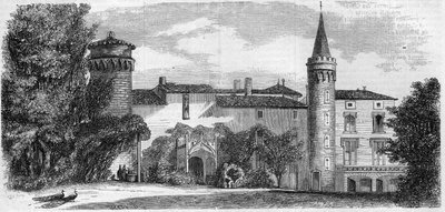 Arkitektur: udsigt over slottet Saint Point (Saint-Point) (1200-tallet), Alphonse de Lamartines residens. Saone og Loire (71). Indgravering i "" Le Monde Illustré"" nr. 29 af 31. oktober 1857. af French School