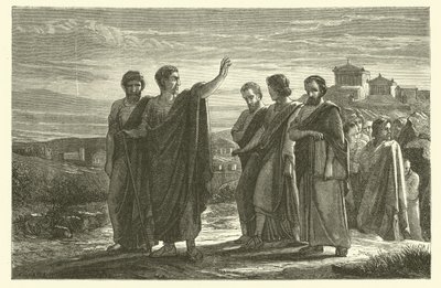 Aristoteles landsforvist fra Athen med sine disciple (gravering) af French School