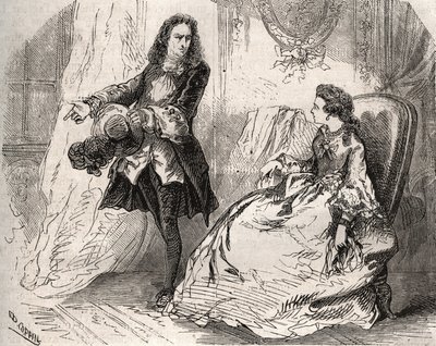 Armande Bejart (1641-1700), hustru til Jean Baptiste Poquelin dit Moliere (1622-1673) med sin elsker, greven af Guiche, gravering af 1871 i "Histoire Des Cocus Celebres"" af Henry de Kock (1819-1892). af French School