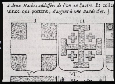 Armes de Montmorency et Godefroy de Bouillon - i "" Den vraye og perfekte videnskab om våbenskjoldet eller våbenindekset"" af Pierre Paillot af French School