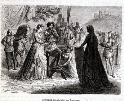 Damernes bevæbning af en ridder i det 11. århundrede - i "Histoire de France" af Martin af French School