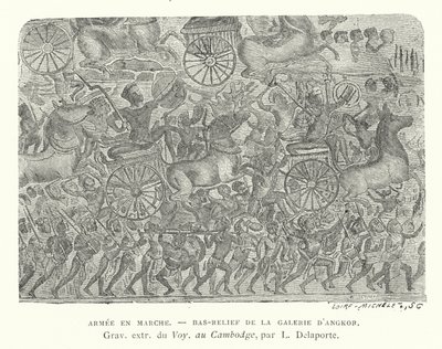 Hæren på march, basrelief fra Angkor, Cambodja (gravering) af French School
