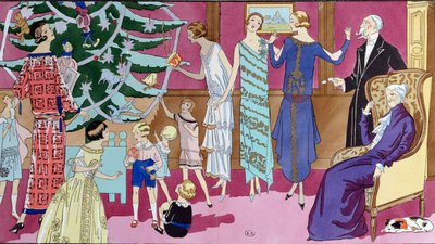 Rundt om juletræet, modetallerken fra magasinet Art Gout Beaute, december 1923 af French School