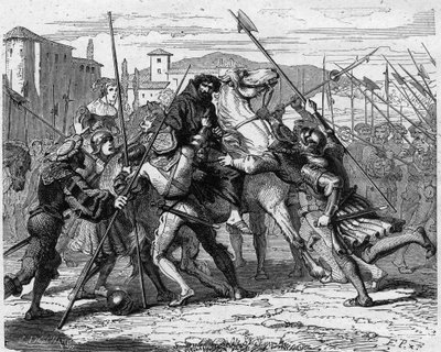 Arrestation af Ludovic Marie Sforza dit le More (Ludovico Maria Sforza detto il Moro) (1452-1508) i Milano i 1500 forrådt af schweiziske lejesoldater, han faldt i hænderne på den franske hær. Indgravering i "" Histoire De France En Cent malerier af Paul Le af French School