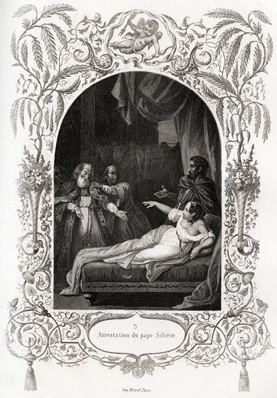 Arrestation af pave Silvere (Silverio) (pave fra 536 til 537). Gravering til illustration af Histoire des popes af Maurice Lachatre (1814-1900), librairie du progres, Paris. af French School
