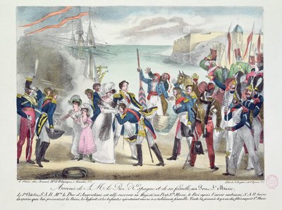 Hans Majestæt Ferdinand VII og hans families ankomst til Porte Sainte Marie, 1. oktober 1823, 1823 af French School