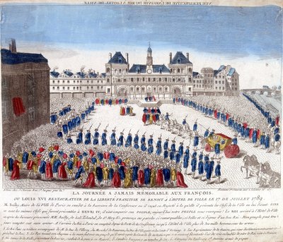 Ankomst af Louis XVI til Hôtel de Ville i Paris den 17. juli 1789 - gravering af French School
