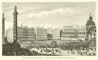 Dronningens ankomst til Hôtel de Ville, Dauphins fødselsdag, 21. og 23. januar 1782 af French School
