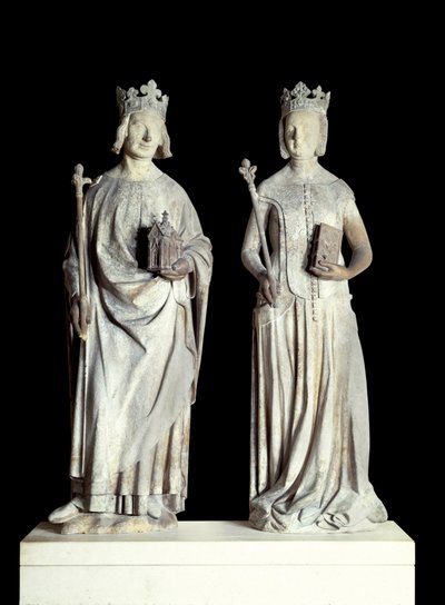 Art France: Statuer af kongen af Frankrig Charles V kendt som Karl den Vise (1338-1380) og Dronning af Frankrig Jeanne de Bourbon (1337-1378). Skulptur i kalksten fra 1300-tallet. Sandsynligvis fra facaden af den østlige indgang til Louvre (indretning af French School