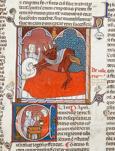 Arundel 484 f.245 En djævel eller dæmon på en død persons seng, illustration fra Digestum Vetus med gloss ordinaria, af Justinian, ca. 1300-10 (vellum) af French School