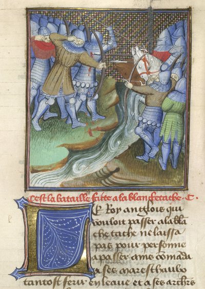 Arundel 67, f.144, middelaldersoldater, der kæmper, over en flod, fra Chroniques d