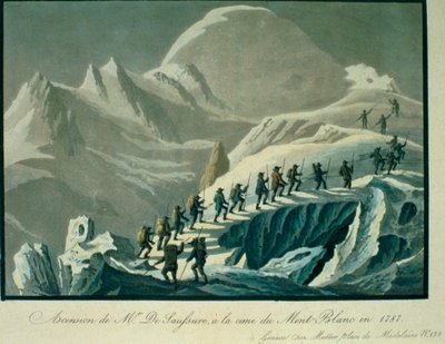 Ascent of Mr. De Saussure til toppen af Mont Blanc i 1787, fra A Narrative of an Ascent to the Summit of Mont Blanc af Charles Fellows (1799-1860), udgivet 1827 af French School