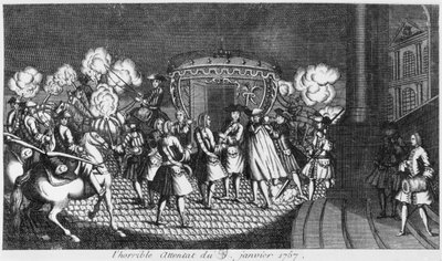Attentatforsøg på kong Louis XV (1710-74) af Robert Francois Damiens den 5. januar 1757 af French School