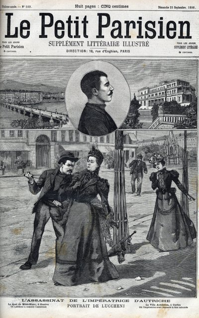 Mordet på impressen Elizabeth af Østrig (Sissi) af den italienske anarkist Luccheni i Genève i 1898. Cover af "" Le petit Parisien"" fra 1898 - Mordet på kejserinde Elisabeth af Østrig (Sissi) af den italienske anarkist Luigi Lucheni, i Genève af French School