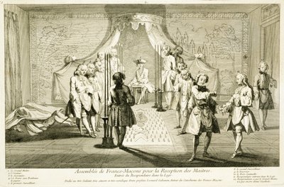 Forsamling af frimurere til indvielse af en mester, kandidatens indgang til logen, fra The Ceremonies of Religion and Custom, ca. 1733 af French School