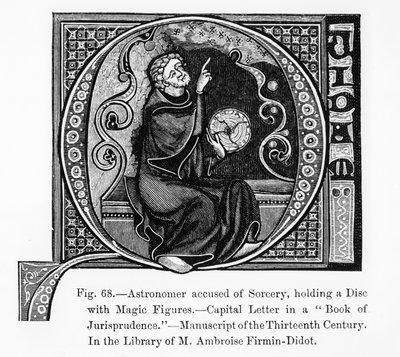 Astronom anklaget for trolddom, med en skive med magiske figurer, fra The Book of Jurisprudence, illustration fra videnskab og litteratur i middelalderen og renæssancen, skrevet og indgraveret af French School