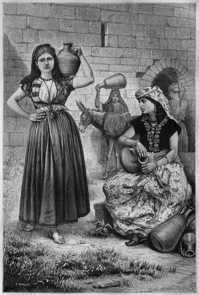 Ved brønden, Hiram, fra Syrien i dag. Rejser i Fønikien, Libanon og Judæa. 1875-1880 af Louis Charles Emile Lortet, 1884 (bw gravering) af French School
