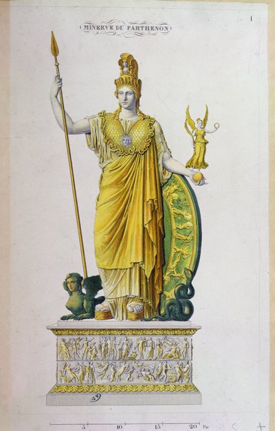 Athena Parthenos, statue fra Parthenon, Athen (farvegravering) af French School