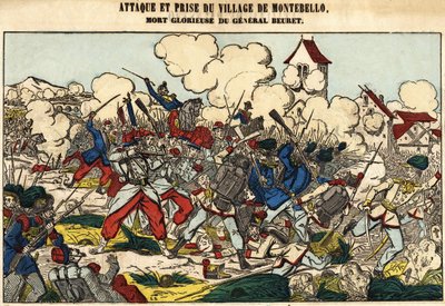 Angreb og erobring af landsbyen Montebello, general Beurets glorværdige død i 1859. Billede af Epinal af French School