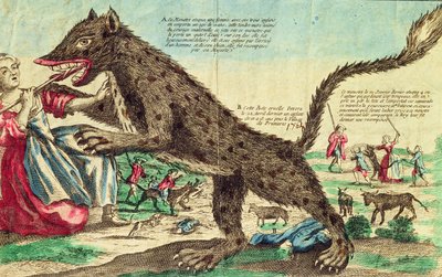 Angreb fra udyret fra Gevaudan i 1764 (farvegravering) af French School