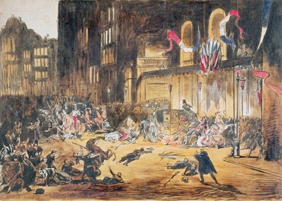 Forsøg på livet af Napoleon III og hans kone Eugenie af Felice Orsini og tre medskyldige den 4. januar 1858 i Paris (farvestik) af French School
