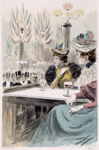 Au Moulin Rouge: kvinder sidder foran et glas - i "Nos contemporains" af Octave Uzanne af French School