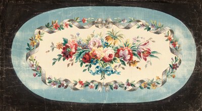 Aubusson design for a sofa back or seat back of sprays of mixed flowers with ribbon and floral borders dani af French School