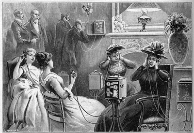 Audition des Theatrophones (Theaterauditionen zu Hause) im Salon eines Grand Hotels in Paris im Jahr 1892. von French School