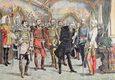 Østrig-Ungarsk krise - modtagelse af ungarske stormænd af kejser Franz Josef, illustration fra Le Petit Journal, 15. oktober, 1905 af French School