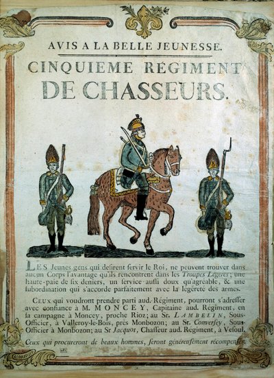 Avis à la Belle Jeunesse, rekrutteringsplakat for 5. jægerregiment 1700-tallet. Paris, Musee de l