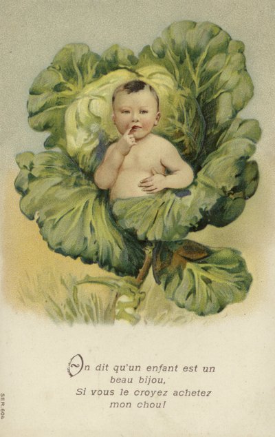 Baby i et kålhoved (chromolitho) af French School