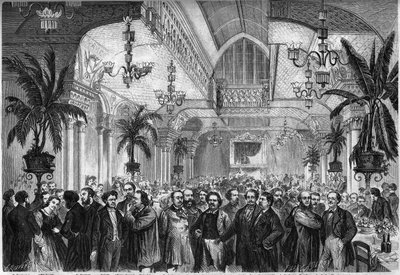 Banket for avisen ""Le Figaro"", givet den 6. februar 1864 i salonen i Restaurant du Passage des Princes i Paris, med deltagelse af journalister, forfattere, kunstnere... Er til stede, fra venstre mod højre: Nestor Roqueplan , Mme Ugalde , de Montaut, Pete af French School