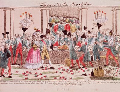 Banket holdt den 1. oktober 1789 af kongens livvagter for at byde velkommen til ankomsten af Flandern Regiment (gravering) af French School