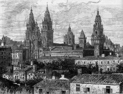 Barokkunst: udsigt over katedralen i Santiago de Compostela (Santiago de Compostela). Spanien. Indgravering i "" Le Monde Illustré"" nr. 1220 af 14. august 1880. af French School