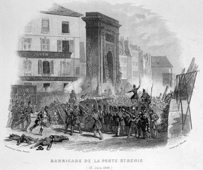 Barrikaden af ​​Porte Saint Denis (23. juni 1848) - i "Fasttes de Gardes Nationales de France"" af French School
