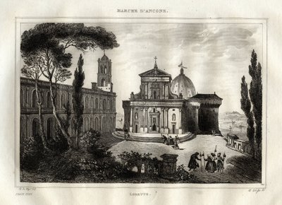 Basilica della Santa Casa - Loreto - Sanctuary of Lorette - Loreto - Basilica of Our Lady of Loreto - Holy House of Loreto eller House of Nazareth - Gravering fra "" Picturesque Italy"" - Historisk og beskrivende maleri af Italien"" af M. de Norvins, Ch. N af French School