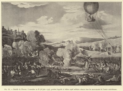 Slaget ved Fleurus, 8. Messidor år II (26. juni 1794), hvor den fangede militærballon observerer alle den østrigske hærs bevægelser (gravering) af French School