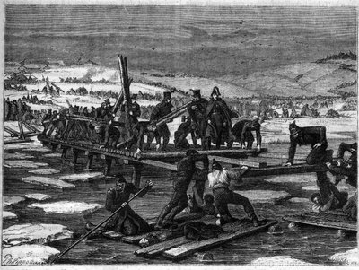 Slaget ved Berezina, 26.-29. november 1812, et katastrofalt nederlag for Napoleon under hans tilbagetog fra Rusland - Russisk felttog, tilbagetog: konstruktion af to broer over Berezina af brosapperne fra Great Armee under ansvar af G af French School